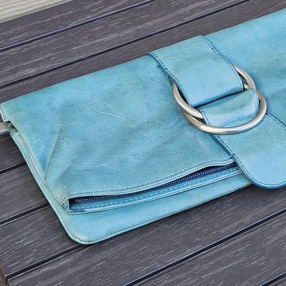Hobo International Teal Blue Aqua Leather Fold Over Clutch Bag Small Purse